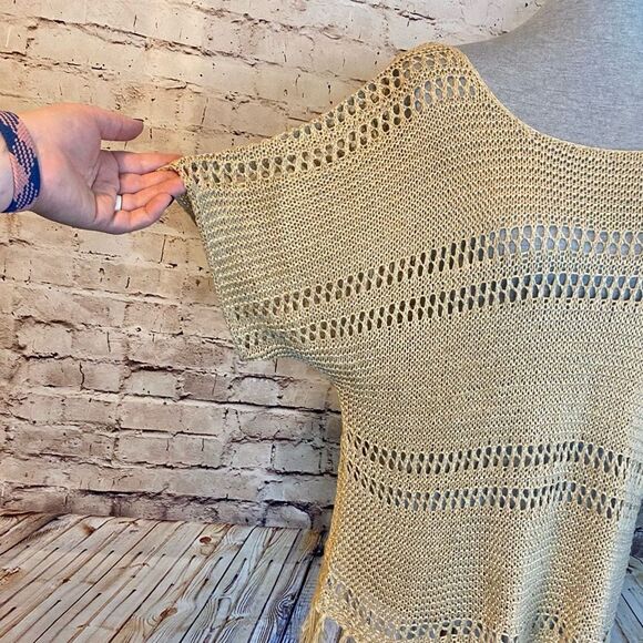 ee:some Womens Open Knit Top Fringe Acrylic Blend Short Sleeve Tan Taupe Medium - Picture 2 of 8